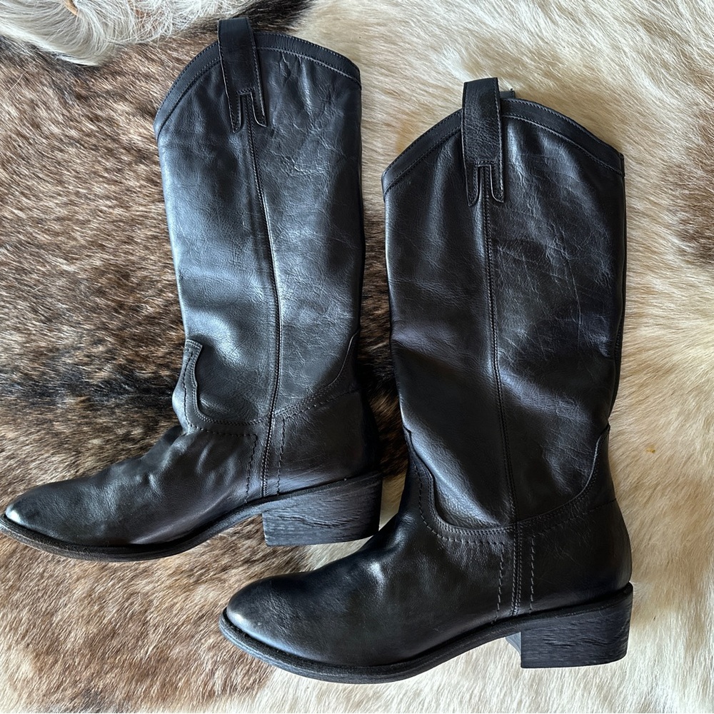 Jessica Bennett Leather Boots with Heel Classic Western Style Black